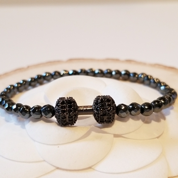 @ veryblessed 4Pcs x NEW Black CZ Dumbbell Hematite Stretch Bracelet - Picture 4 of 4